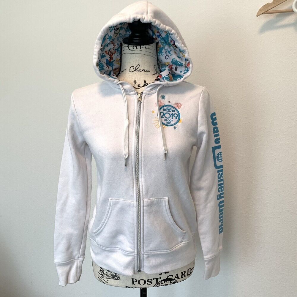 Walt Disney World Women Zip Hoodie Sweatshirt 2019 White Mickey Minnie Castle XS
